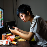 **Prompt:** A young Thai individual, male or female, with visibly pale skin, dark circles under their eyes, and a hunched posture, intensely focused on a glowing computer or phone screen in a dimly lit, messy room. Empty snack wrappers, instant noodle cups, and energy drink cans are scattered around. The atmosphere is unhealthy, isolated, and conveys physical exhaustion, poor hygiene, and mental fatigue due to severe gaming addiction. Emphasize a sense of neglect and detachment from reality. Realistic, high-resolution, strong dramatic lighting.