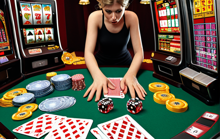 **

A person looking stressed and surrounded by gambling-related items (cards, dice, slot machines) with financial documents scattered around. The scene conveys a sense of anxiety and financial burden.

**