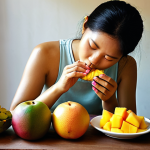 **

A serene, mindful scene of a person practicing mindful eating, focusing on the textures and aromas of colorful, healthy Thai fruits like mango and dragon fruit. Soft, diffused light emphasizes the present moment.

**