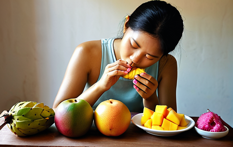 **

A serene, mindful scene of a person practicing mindful eating, focusing on the textures and aromas of colorful, healthy Thai fruits like mango and dragon fruit. Soft, diffused light emphasizes the present moment.

**