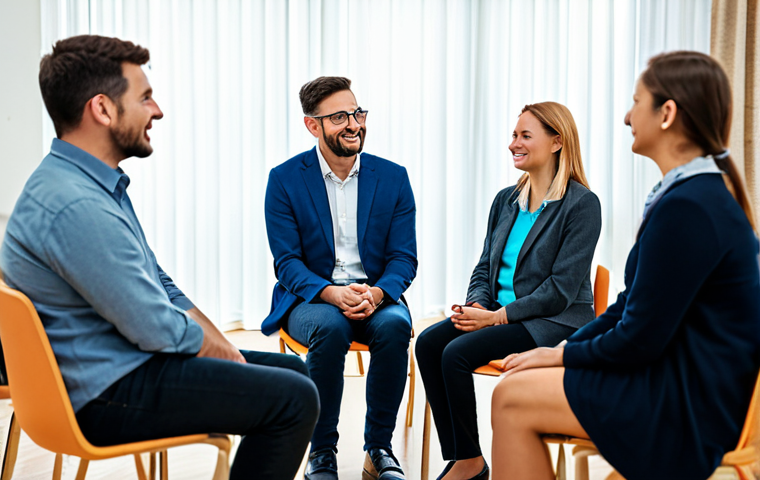 마약중독 치료 과정 - A person attending a support group meeting, fully clothed, sharing their experiences with others in ...