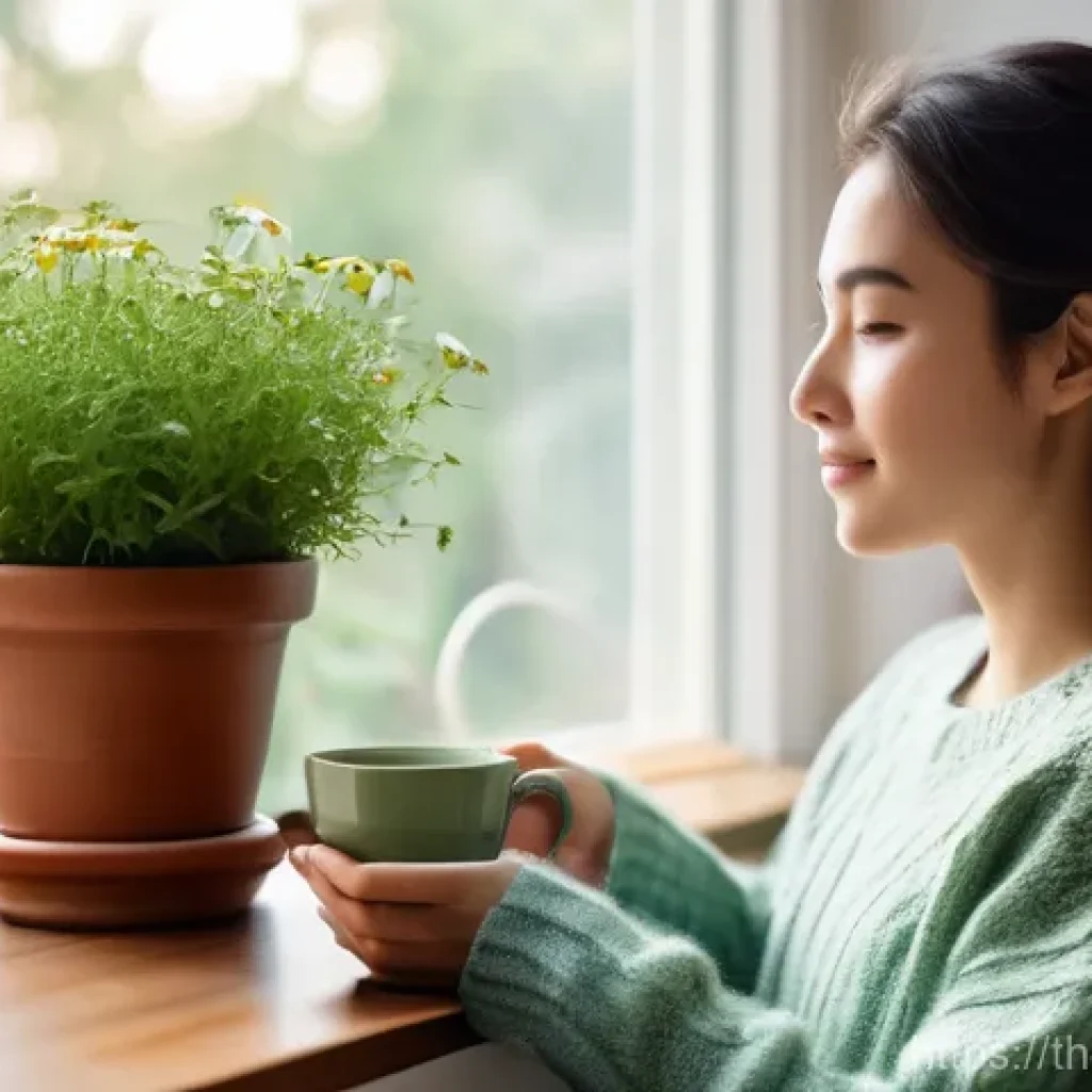 카페인 중독 예방 방법 - **Prompt 1: Serene Morning with Herbal Tea**
"A peaceful young woman in her early 20s, with a wa...