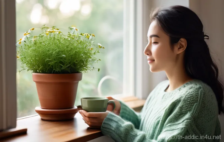 카페인 중독 예방 방법 - **Prompt 1: Serene Morning with Herbal Tea**
    "A peaceful young woman in her early 20s, with a wa...