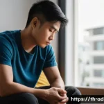 마약중독 후유증 - A detailed, compassionate scene of a young Thai adult male in casual clothing sitting alone in a mod...