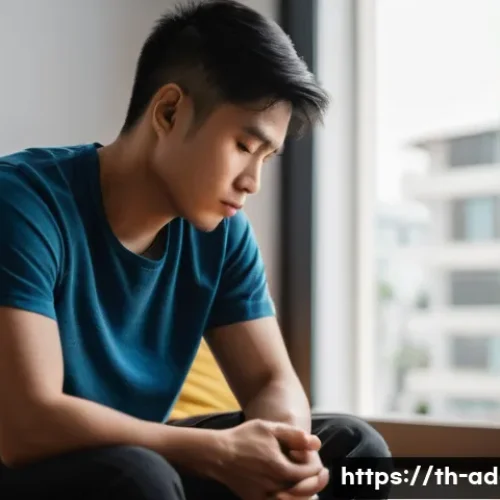마약중독 후유증 - A detailed, compassionate scene of a young Thai adult male in casual clothing sitting alone in a mod...