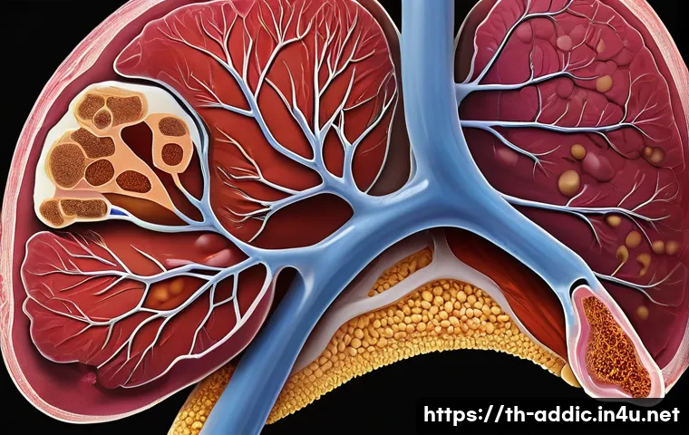 알콜중독과 간 질환 - A detailed medical illustration of a human liver showing progressive damage from chronic alcohol con...
