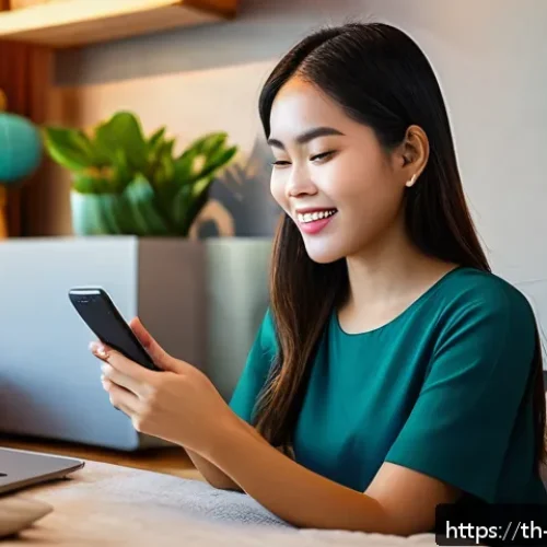 Home 33 쇼핑 중독과 자기 통제 - A detailed scene of a Thai young adult woman sitting comfortably at home, browsing an online shoppin...