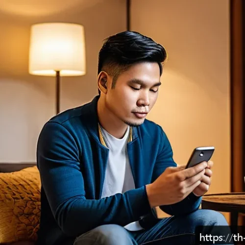 Home 32 니코틴 금연 치료법 - A modern Thai adult man using a smartphone app designed for quitting smoking, sitting comfortably in...