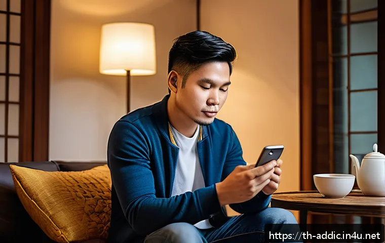 니코틴 금연 치료법 - A modern Thai adult man using a smartphone app designed for quitting smoking, sitting comfortably in...