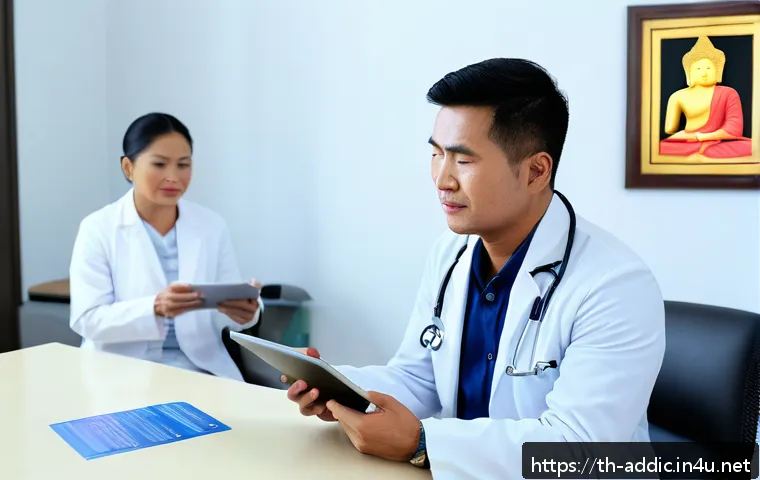 마약중독 치료 약물 - A detailed, professional medical consultation scene in a modern Thai clinic, featuring a compassiona...