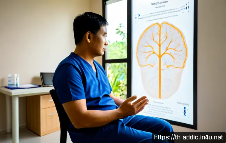 Home 30 마약 중독과 신경전달물질 - Photorealistic health education scene in a modern Thai rehabilitation counseling room, a worried adu...