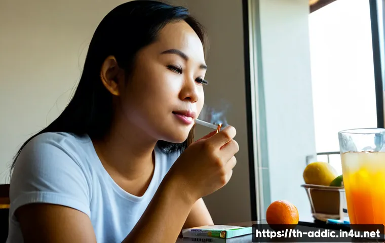 Home 17 니코틴 중독의 대체 요법 - Photorealistic Thai adult replacing a cigarette craving with nicotine replacement gum, seated at a t...