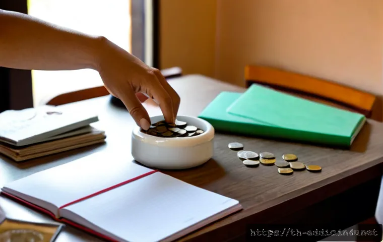 Home 17 쇼핑 중독 회복 사례 - Photorealistic Thai woman in her early 40s at a tidy apartment dining table, calmly placing a few un...